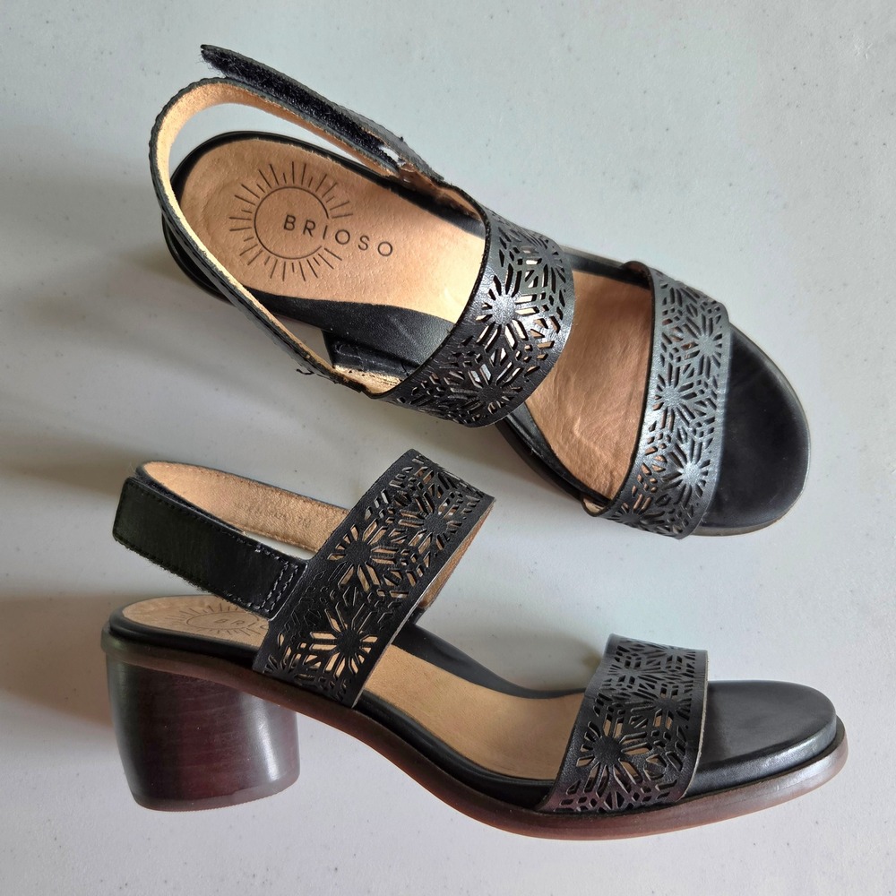 Brioso Paloma Black Leather Laser Cut Block Heel Slingback Sandals  7M Brazil